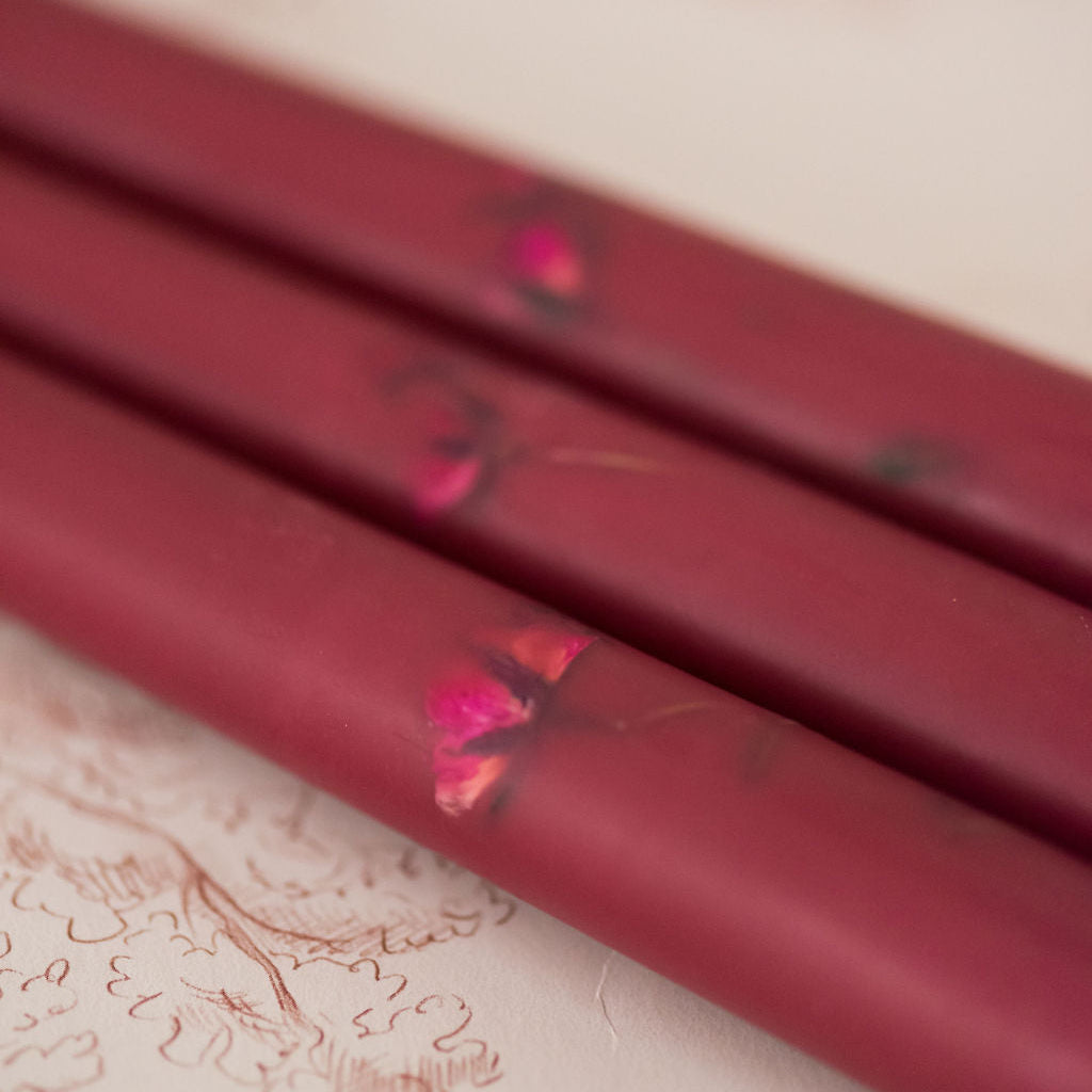 Floral Inlaid Tapered Candle in Burgundy - Set of 3