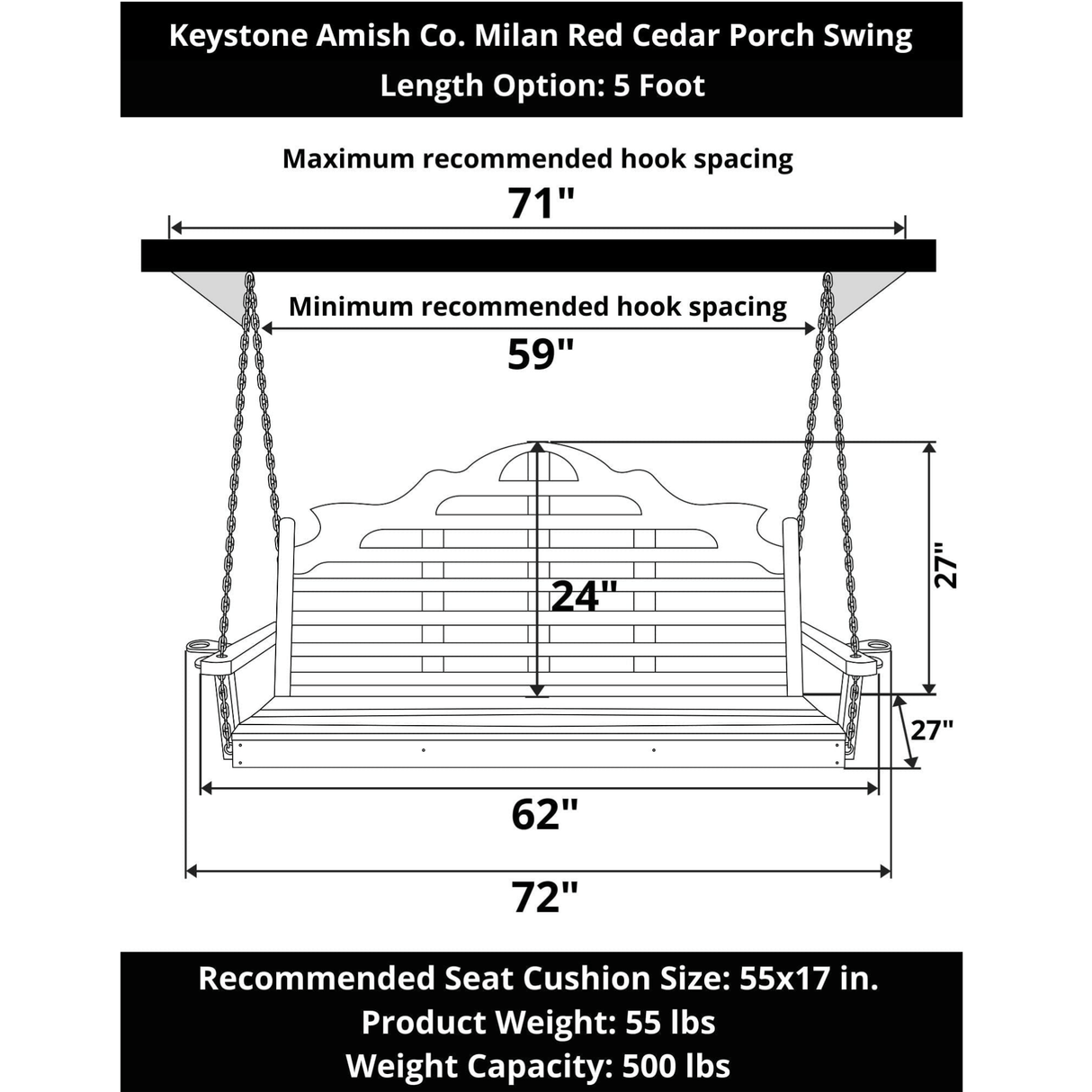 Keystone Amish Co. 5 Foot Milan Red Cedar Porch Swing without Cupholders