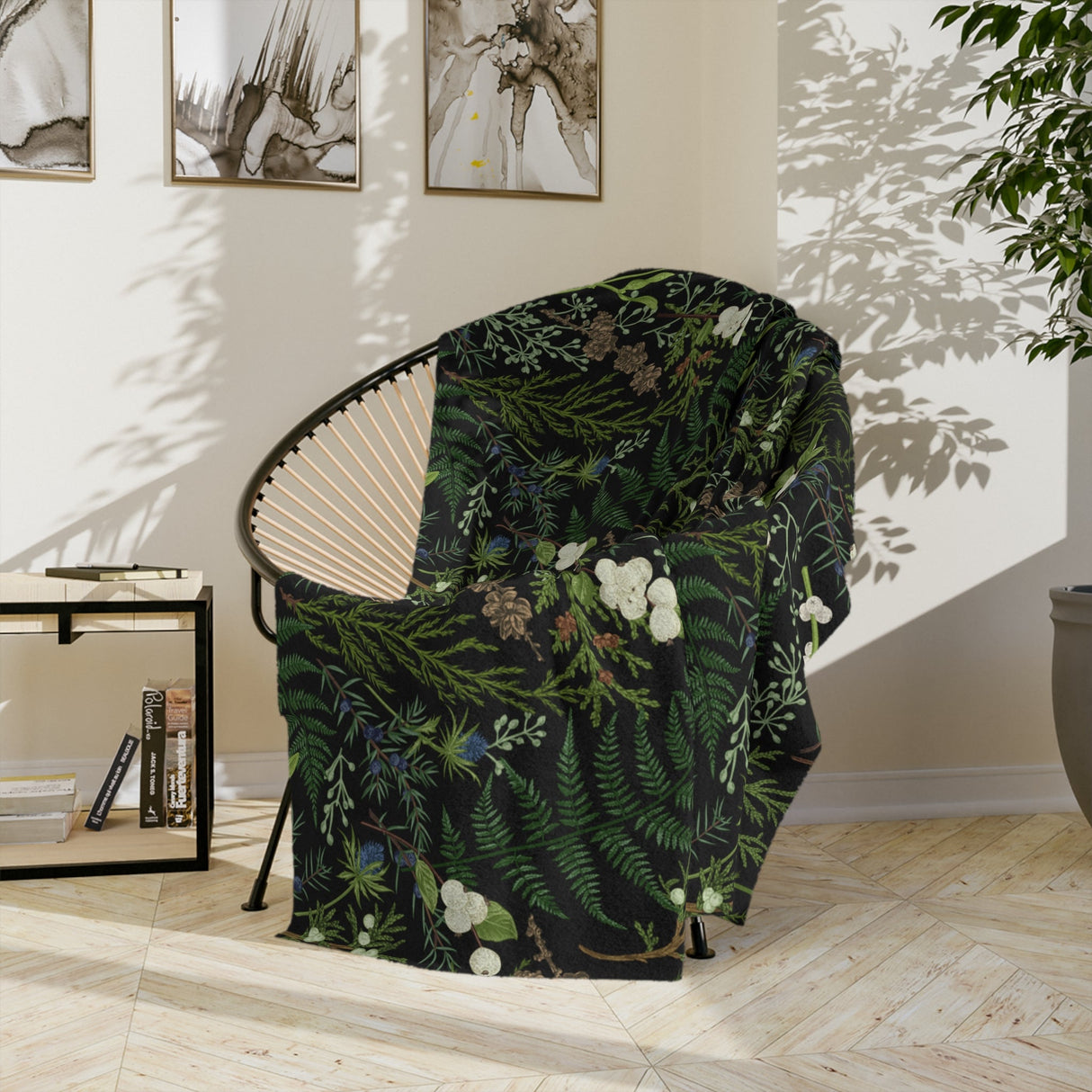 Botanical Throw Blanket With Plants, Fern Leaves Blanket