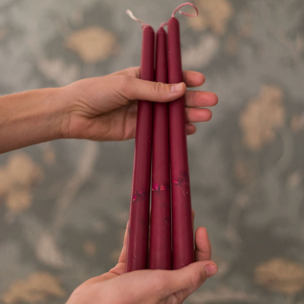 Floral Inlaid Tapered Candle in Burgundy - Set of 3