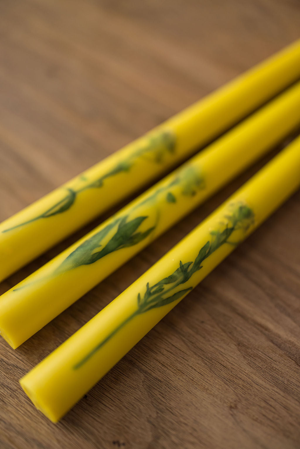 Set of 3 Yellow Floral Inlaid Tapered Candles