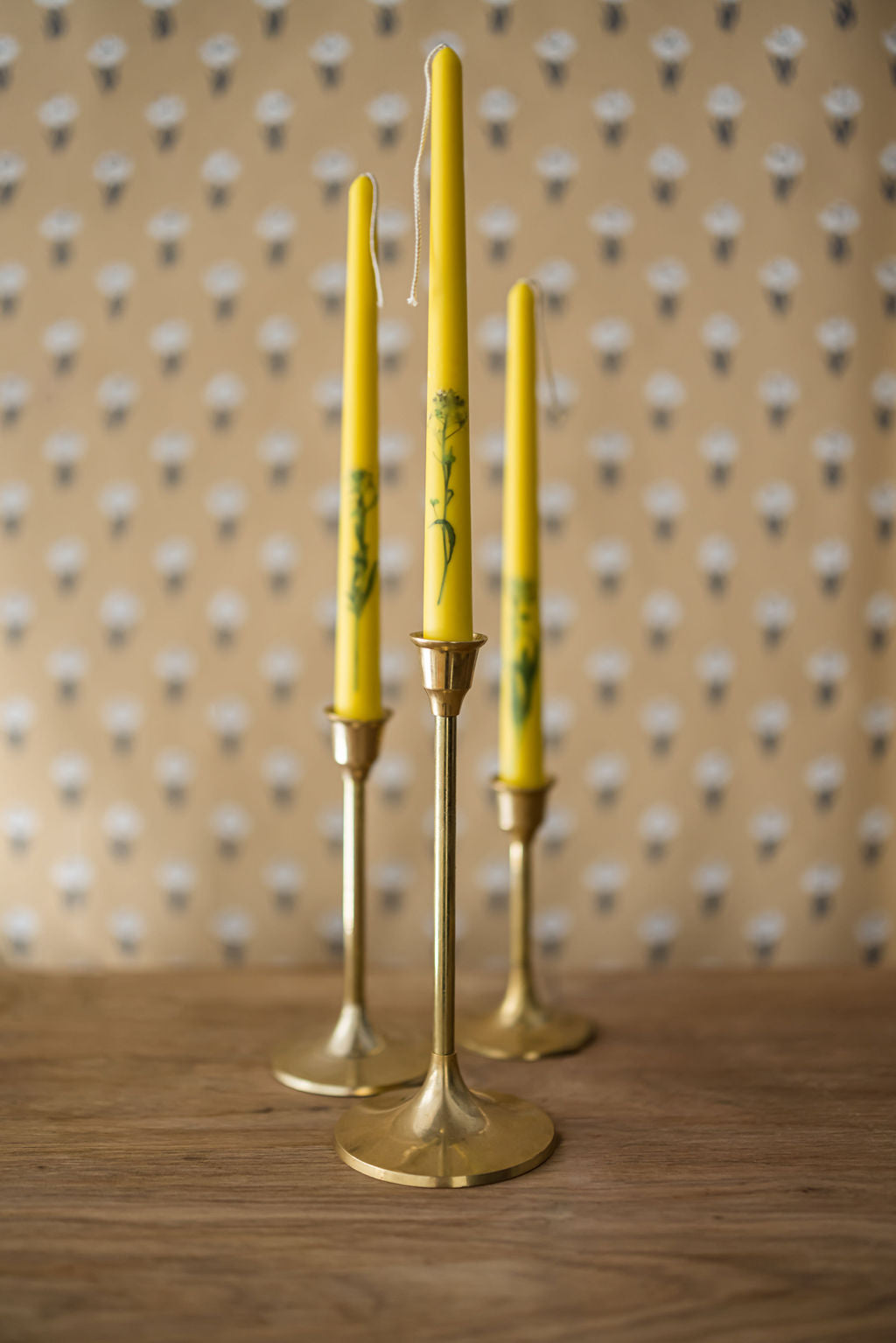 Set of 3 Yellow Floral Inlaid Tapered Candles