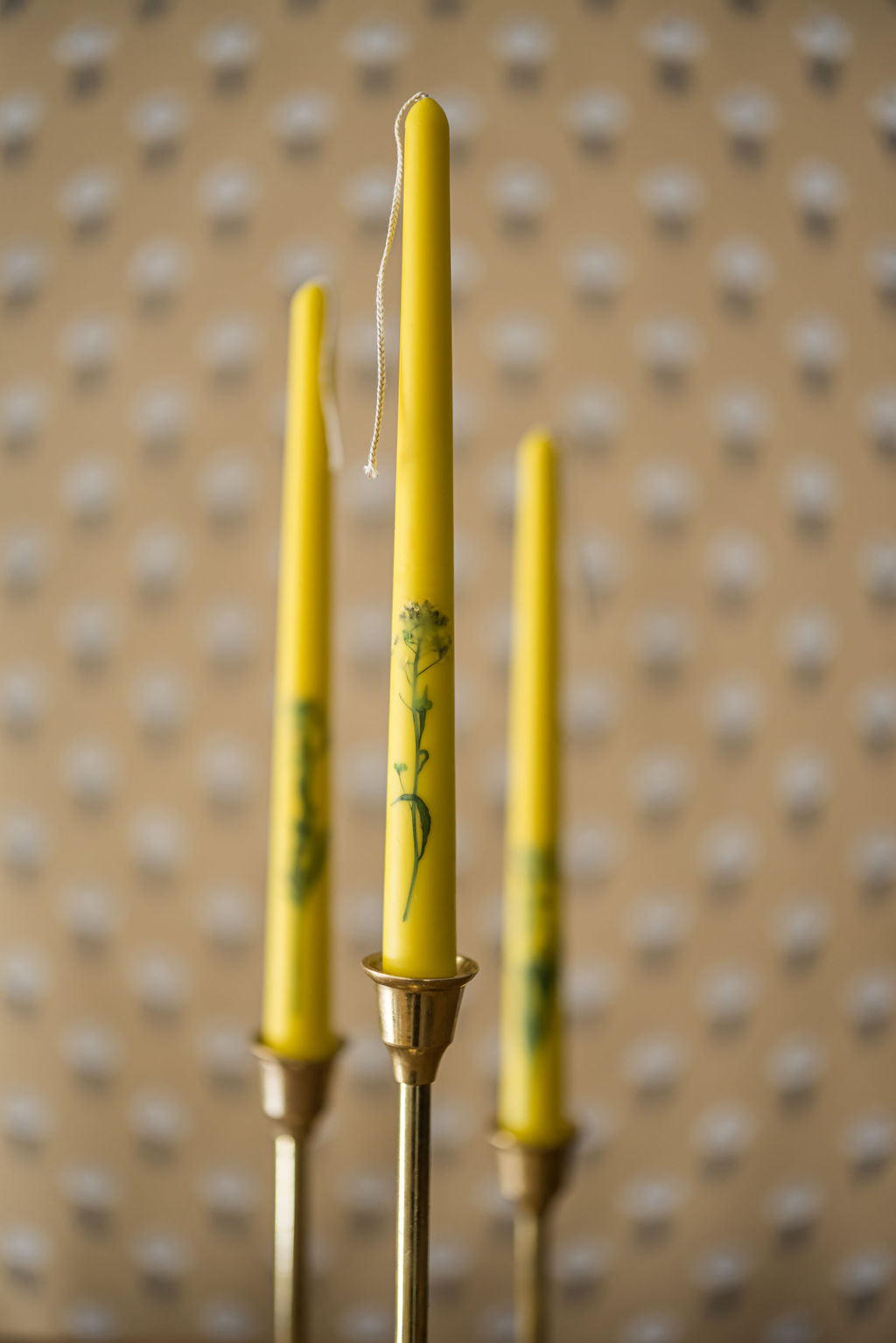 Set of 3 Yellow Floral Inlaid Tapered Candles