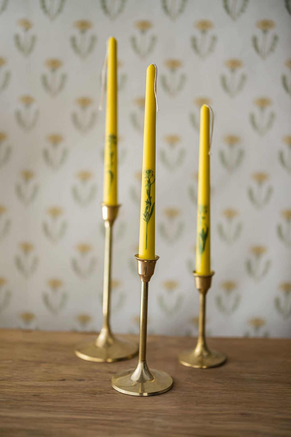 Set of 3 Yellow Floral Inlaid Tapered Candles