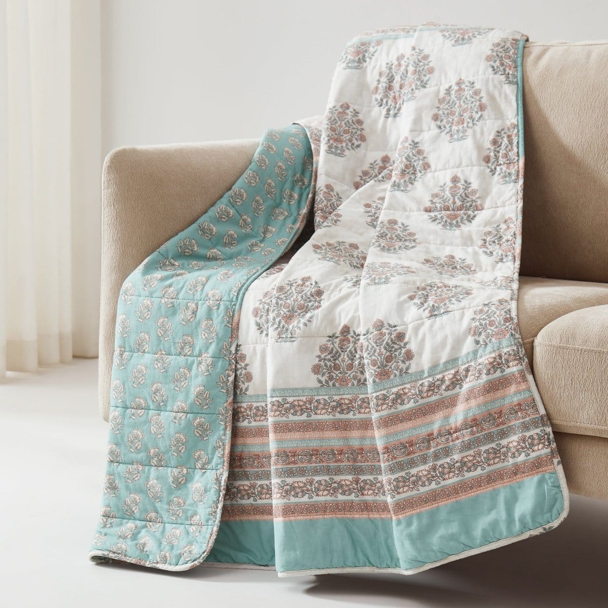 Sofia Flower Block Bouquet Reversible Cotton Throw Blanket