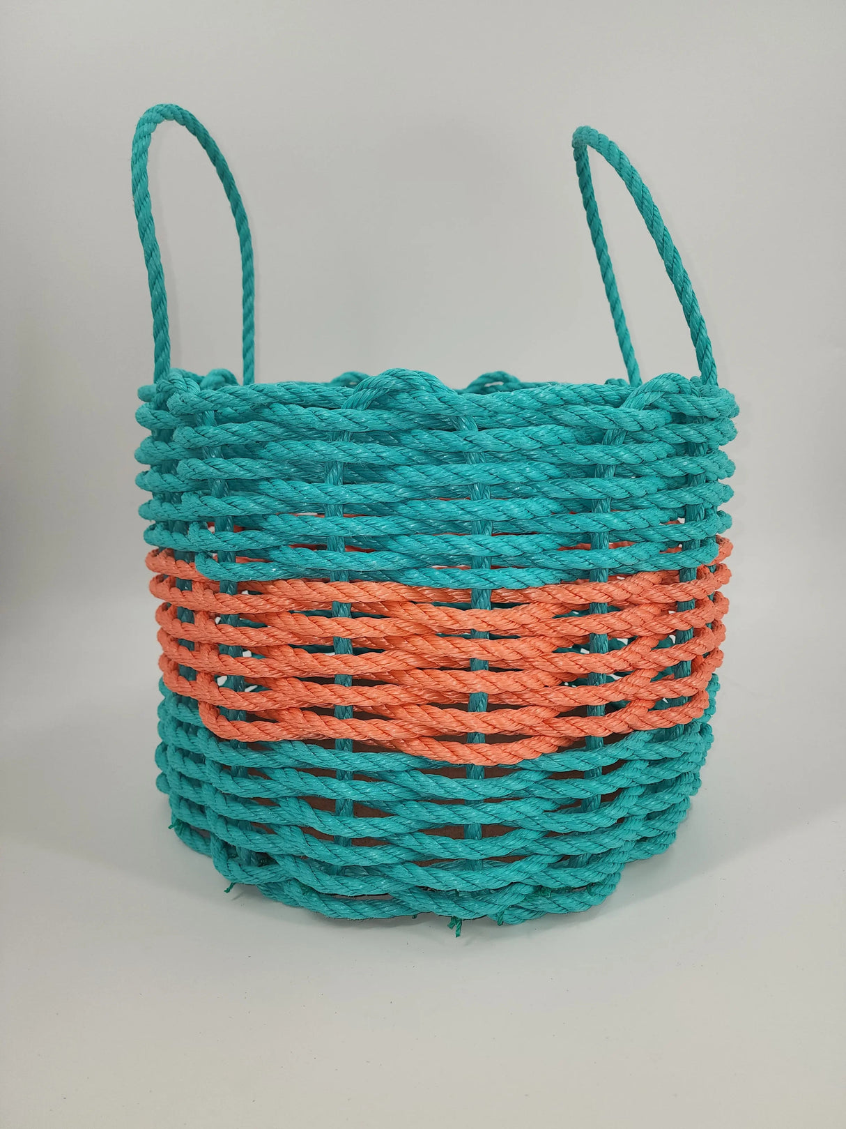 Authentic Maine Lobster Rope Storage Basket. Teal and Coral Orange