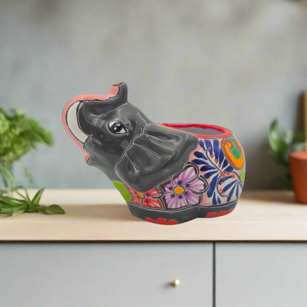Talavera Elephant Planter | Hand-Painted Gray Ceramic Pot