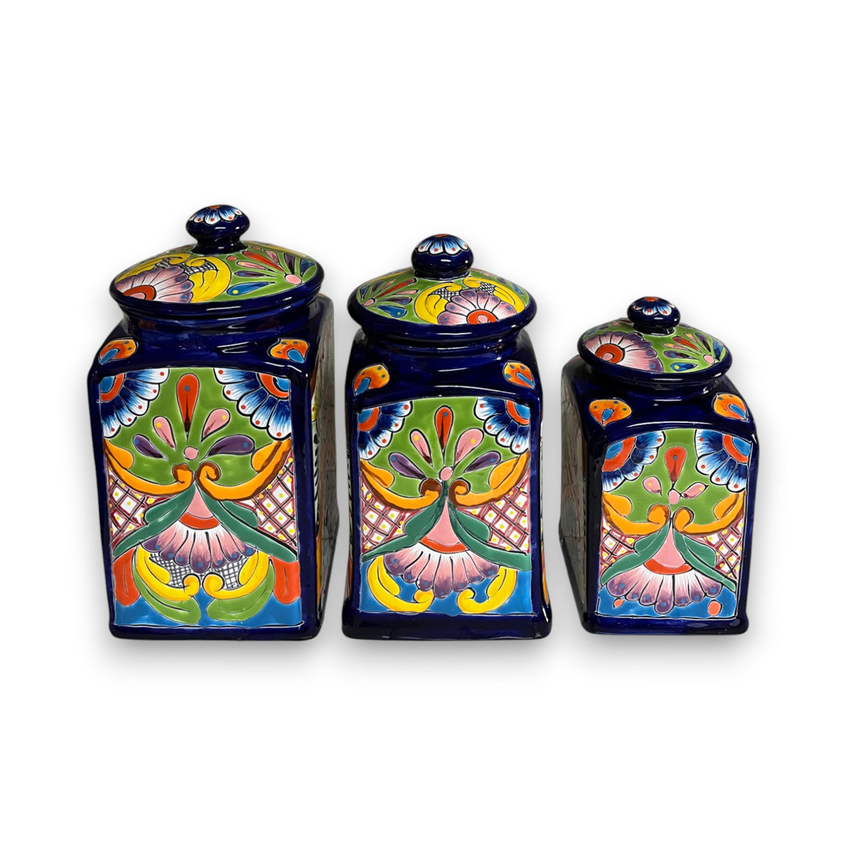 Cobalt Blue Talavera Canister Trio | Mexican Hand-Painted Storage
