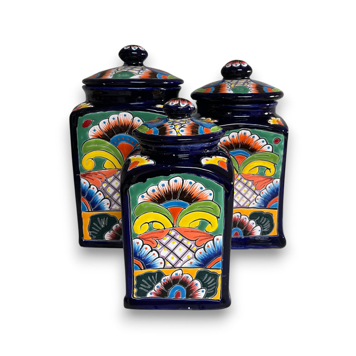Cobalt Blue Talavera Canister Trio | Mexican Hand-Painted Storage