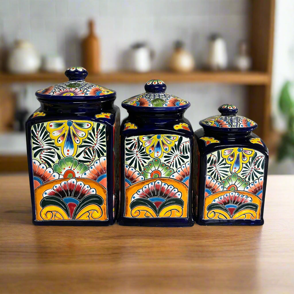 Cobalt Blue Talavera Canister Trio | Mexican Hand-Painted Storage