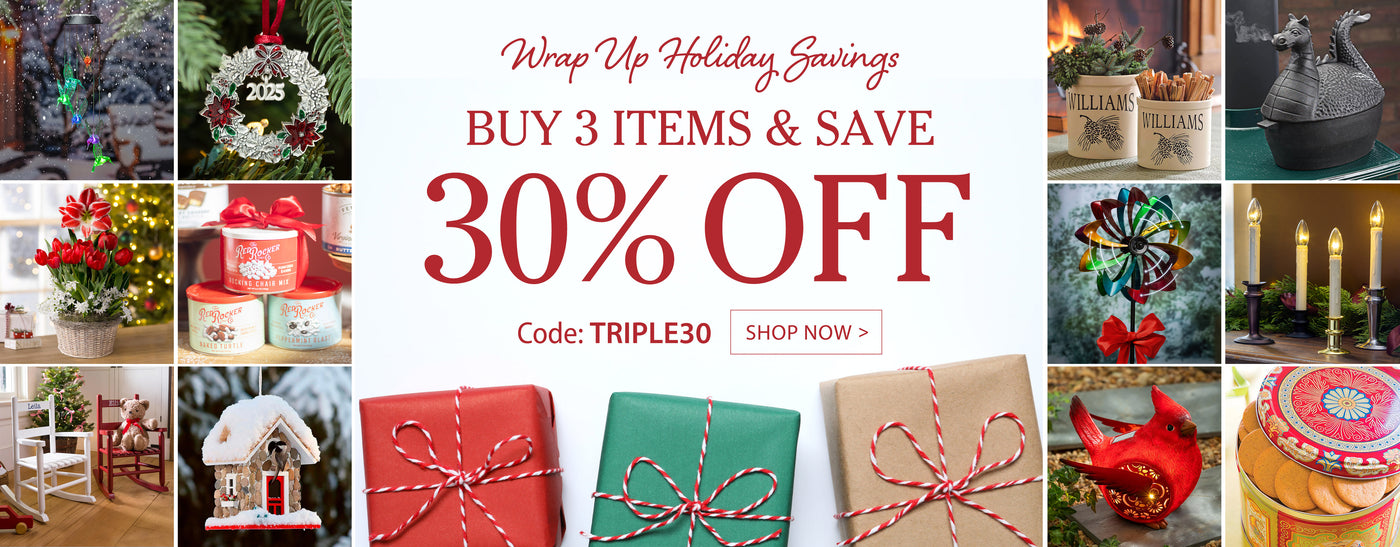 Promotional banner for holiday savings with gift items and a discount offer.