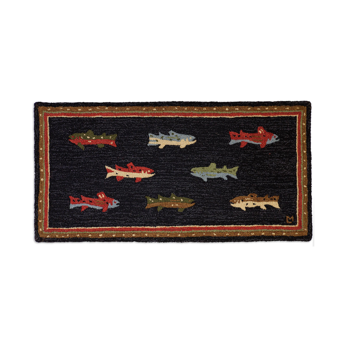 blue hand hooked wool rug blue fish River Fish 4'X6' Hooked Wool Rug