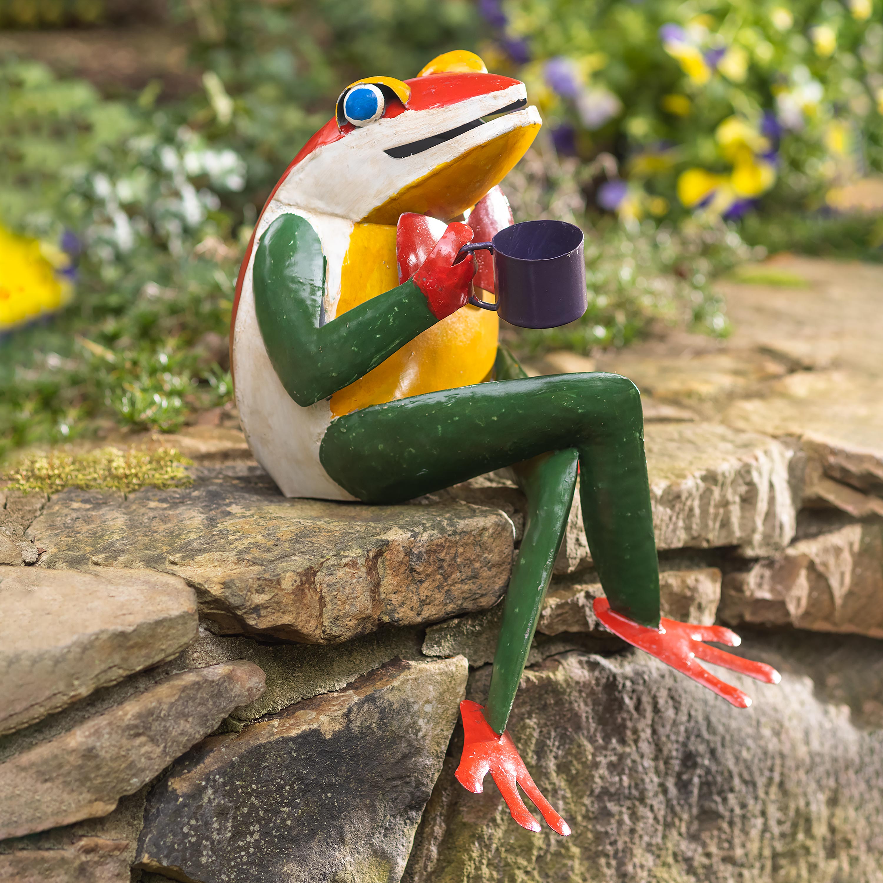 Sitting Frog with Coffee Cup Metal Garden Statue – Plow & Hearth