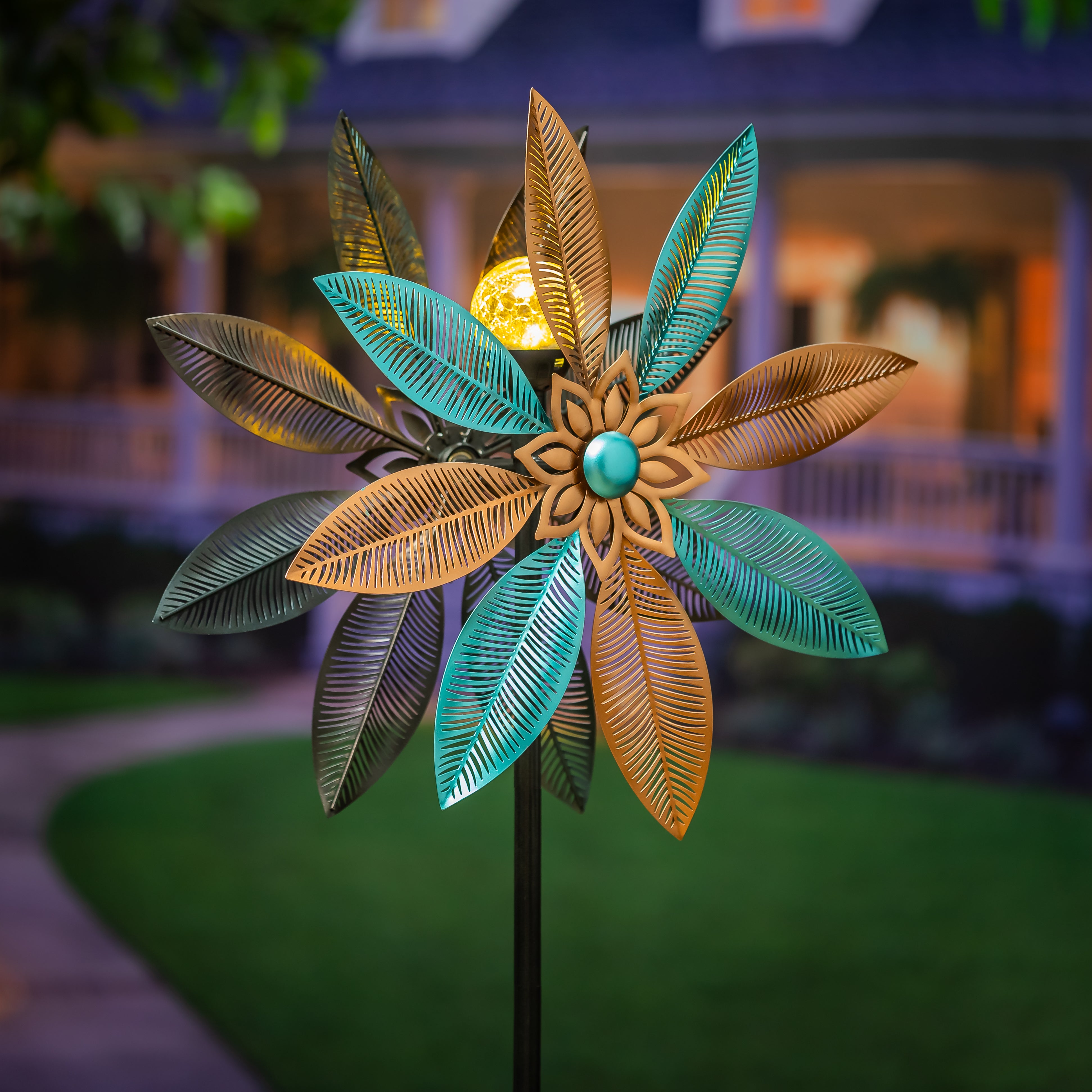 Metal Solar Wind Spinner, Copper and Turquoise Pedal Flower, 75