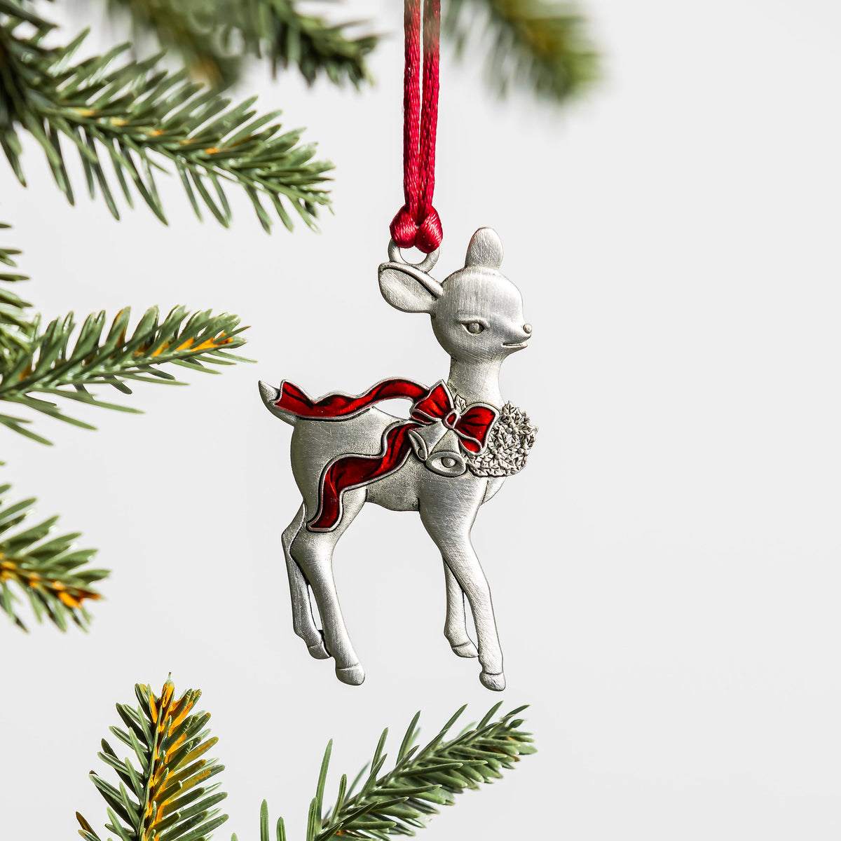 Deer with Bow Solid Pewter Christmas Ornament Plow & Hearth