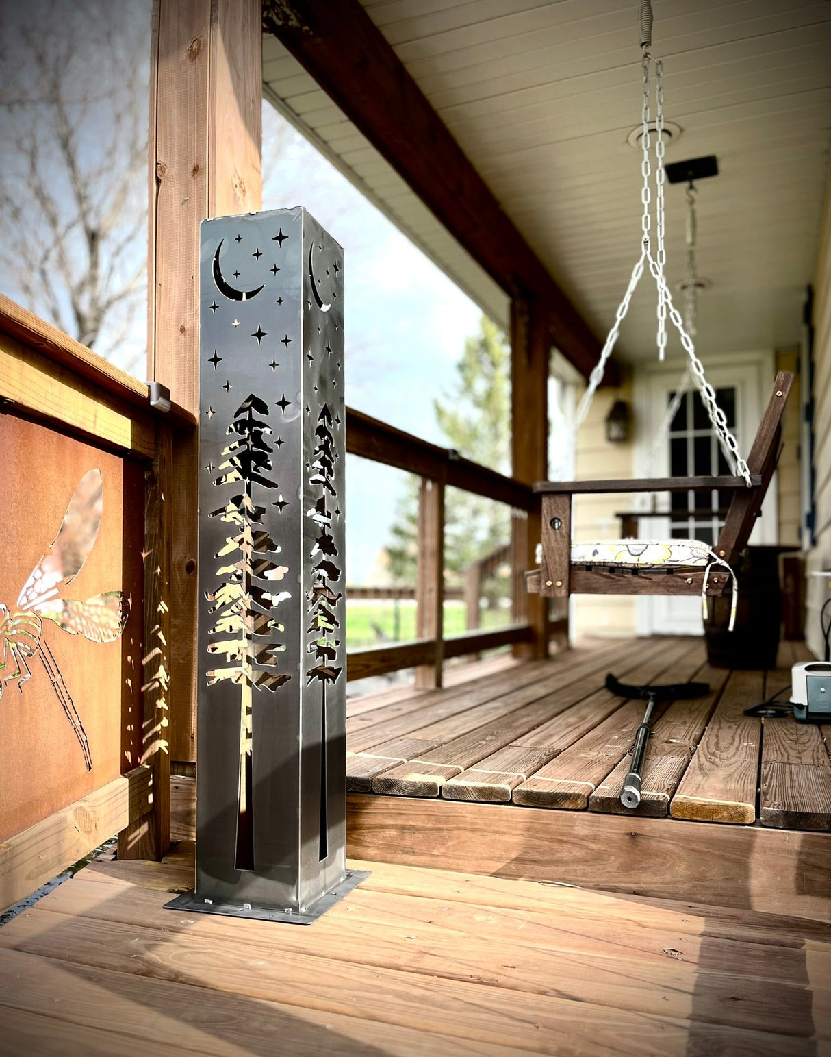 4-Sided Night Sky Pine Tree Solar Pillar - Steel