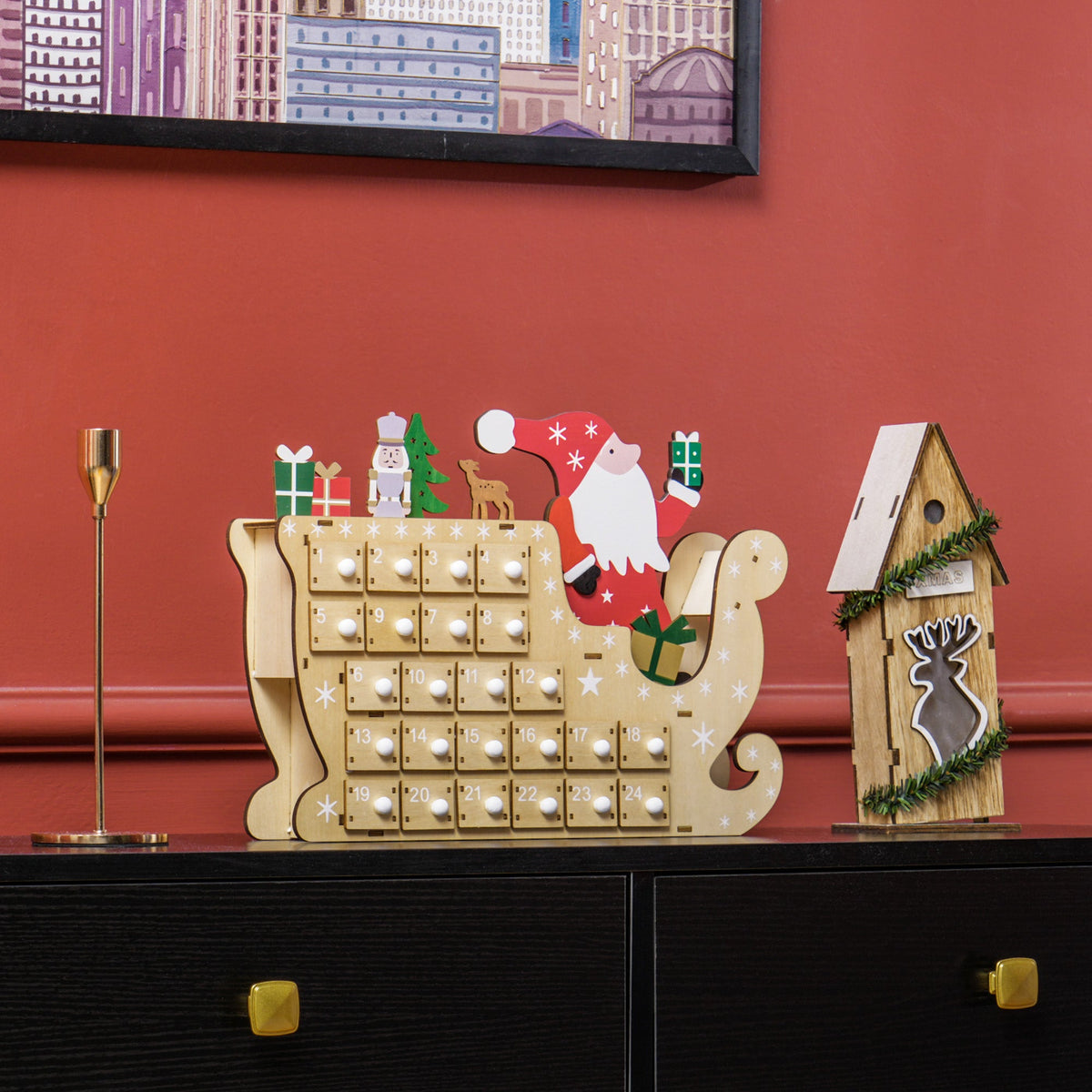 Christmas Advent Calendar with 24 Countdown Drawers - Santa & Sleigh Design