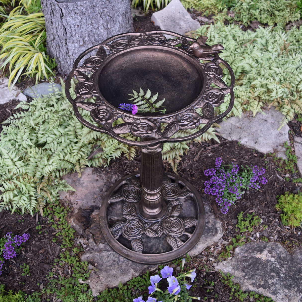 Round Cast Aluminum Metal 29-in Bronze Bird Bath with Roses