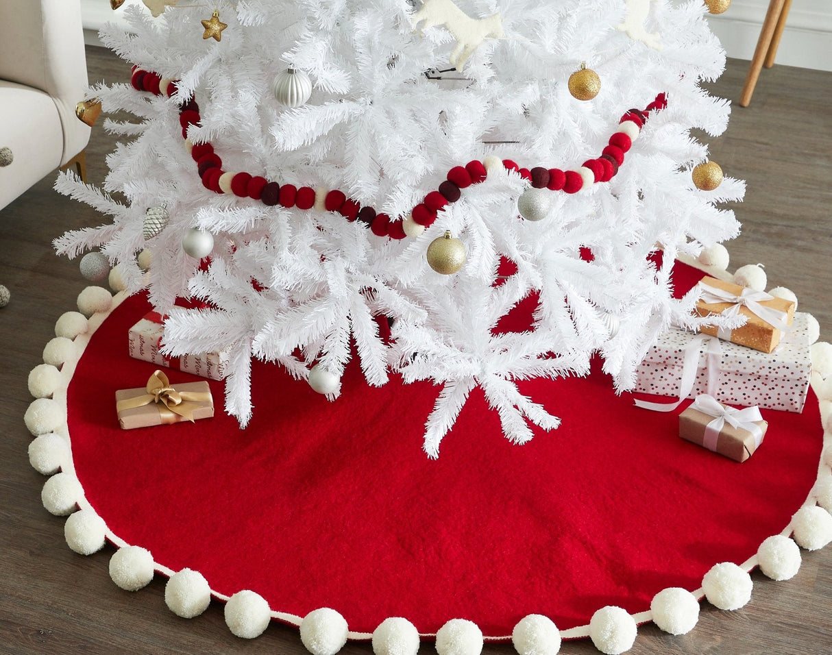 Handmade Christmas Tree Skirt Felt - Pom Poms Red 63" / 72" Arcadia Home