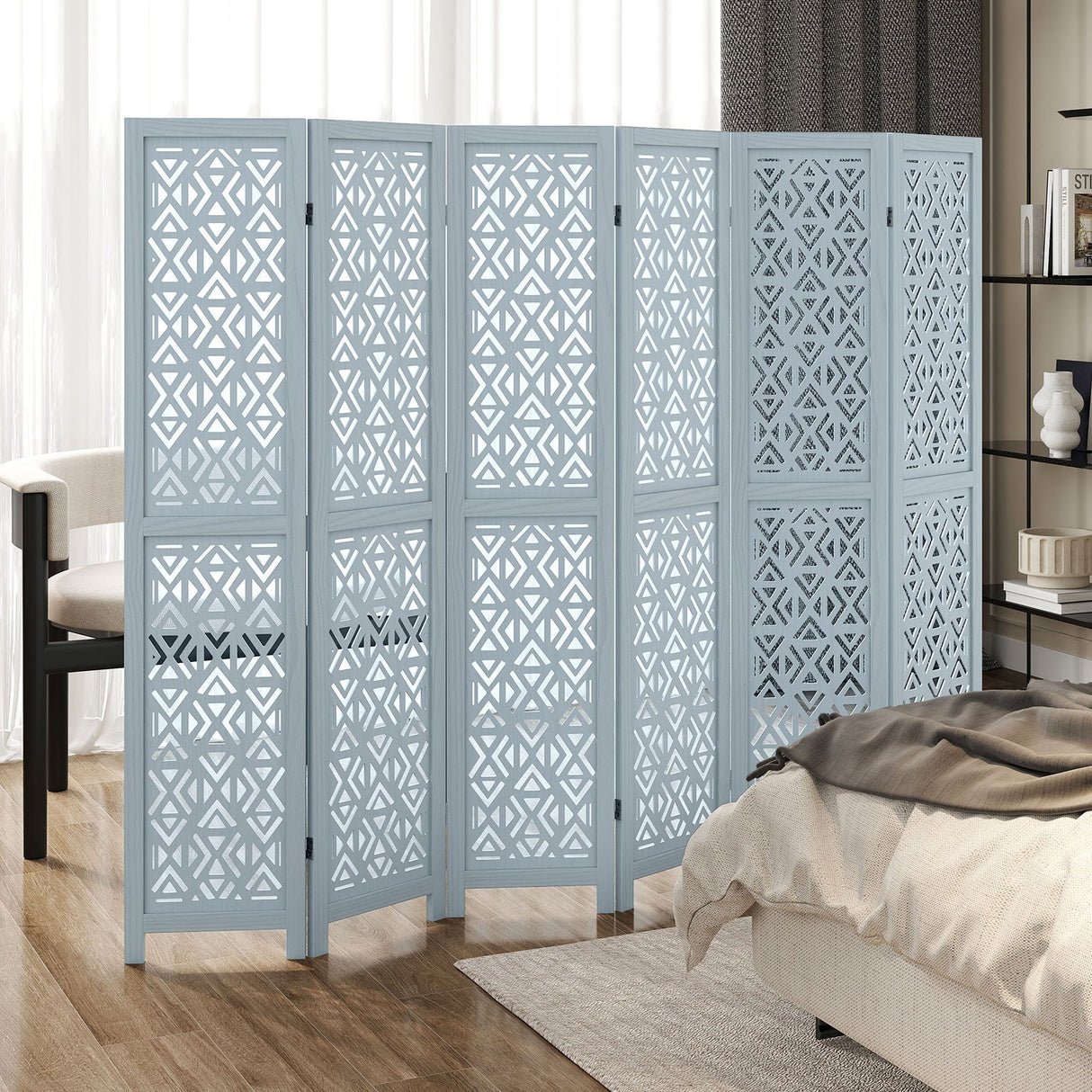 Wooden Room Divider with Carved Cutout Pattern