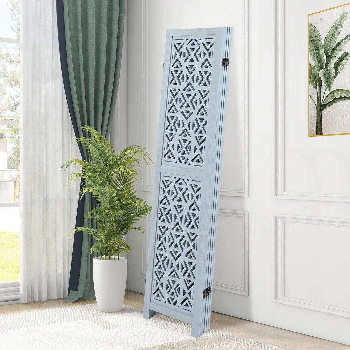 Wooden Room Divider with Carved Cutout Pattern