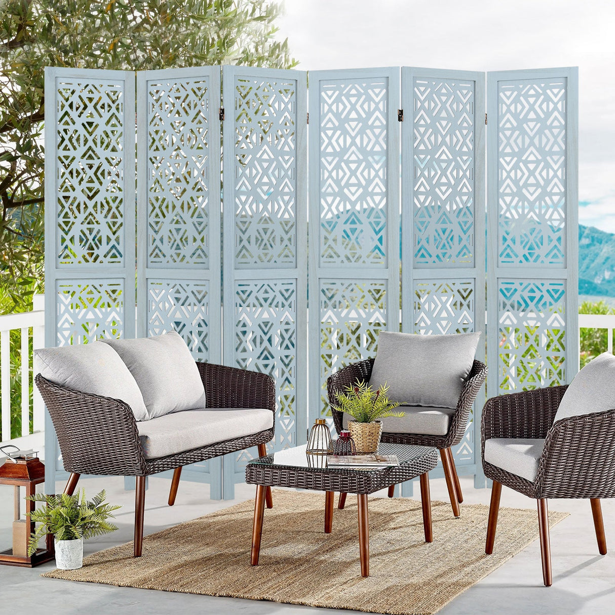 Wooden Room Divider with Carved Cutout Pattern