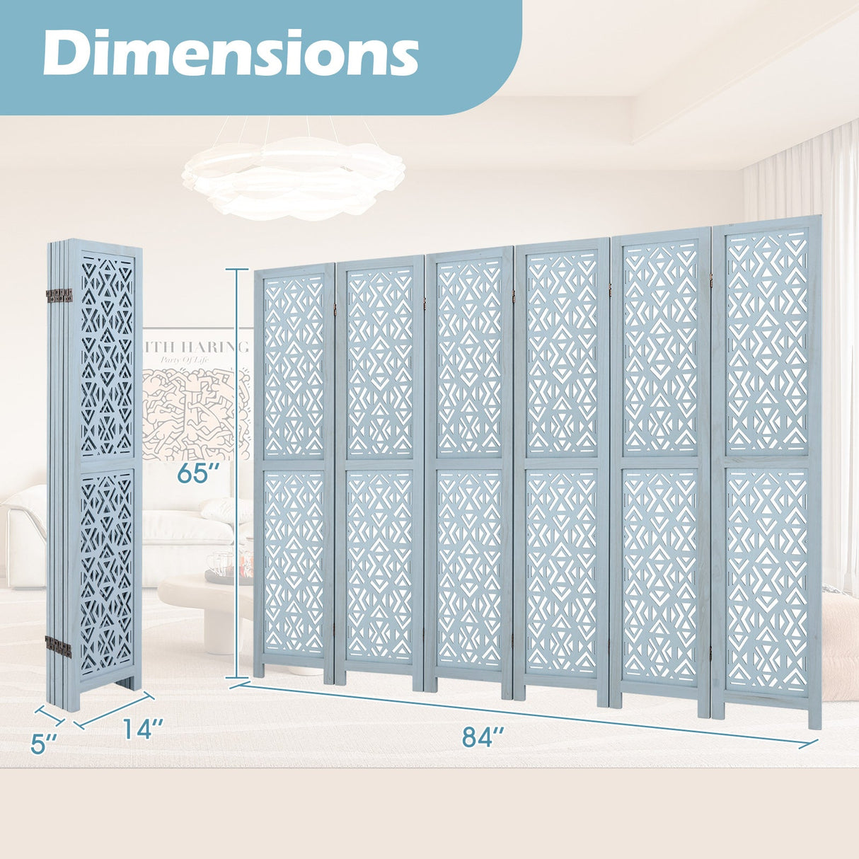 Wooden Room Divider with Carved Cutout Pattern