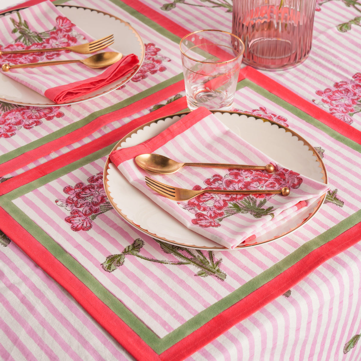Pink Hydrangea Blockprint Tablecloth