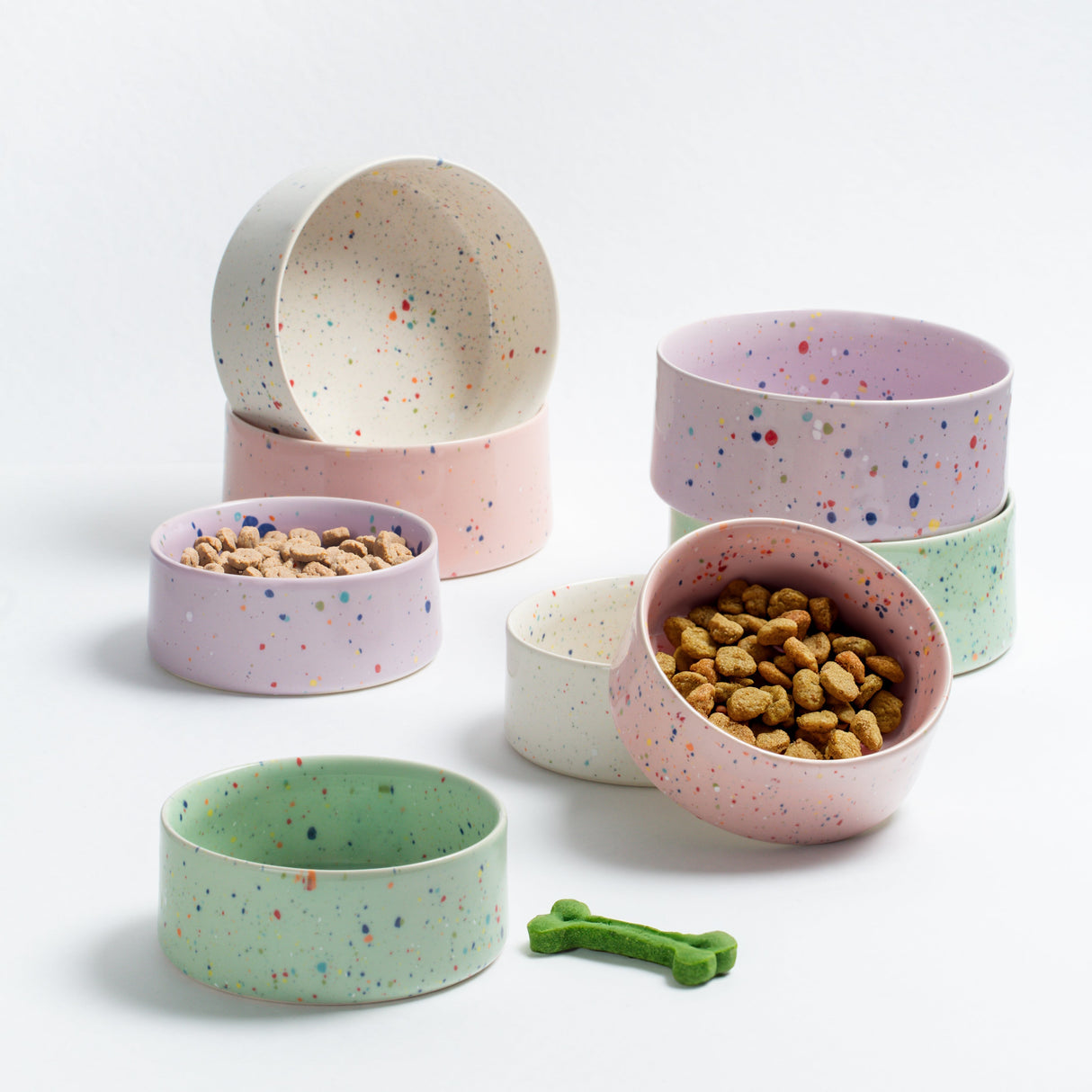 White Medium Stoneware Ceramic Pet Bowls, Set of 2