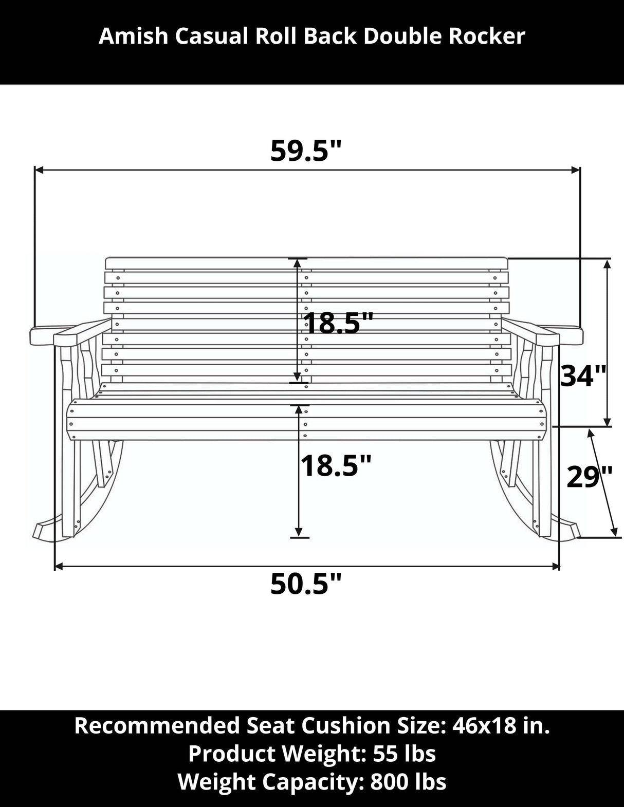 Amish Casual Roll Back Wooden Outdoor Double Rocker Bench