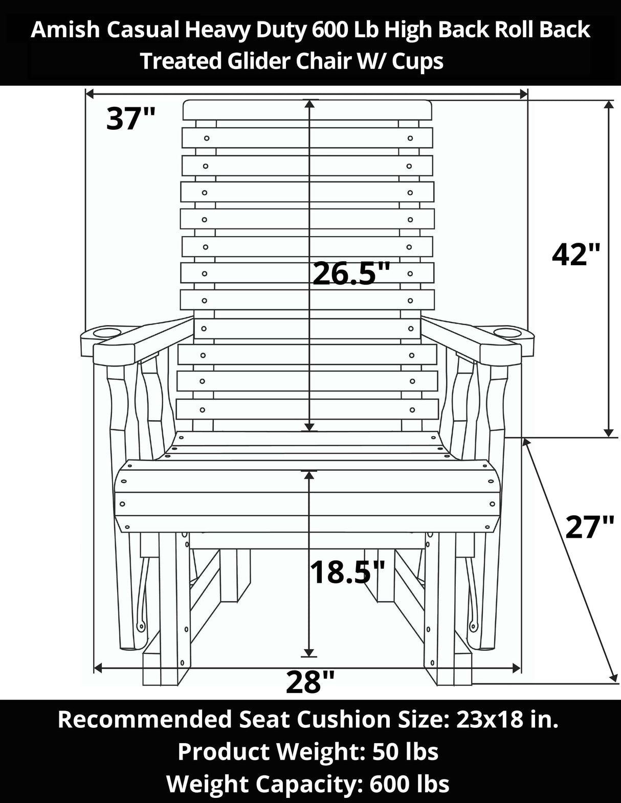 Amish Casual Heavy Duty 600 Lb High Back Roll Back Treated Glider Chair