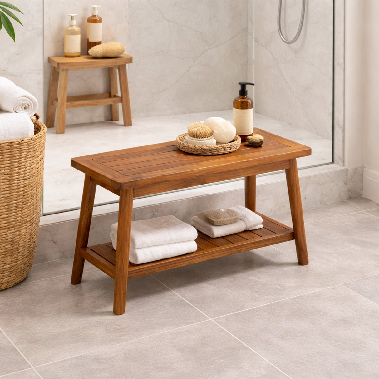 Oiled Teak Bath Bench with Shelf, 30"