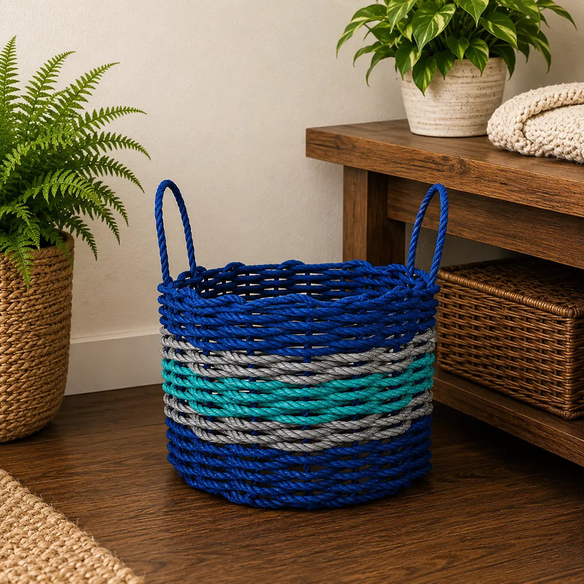 Blue, Teal & Light Gray Accent Rope Basket