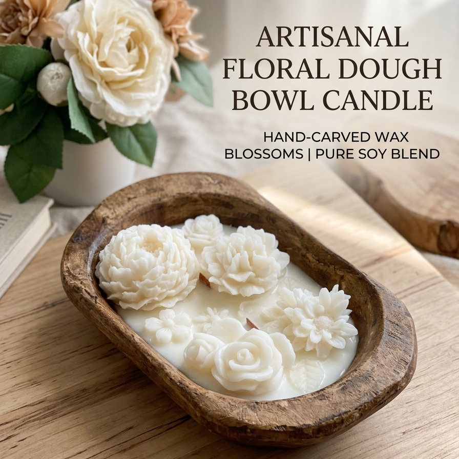 Dough Bowl Candle | Carved Wood Bowl | Floral Candle