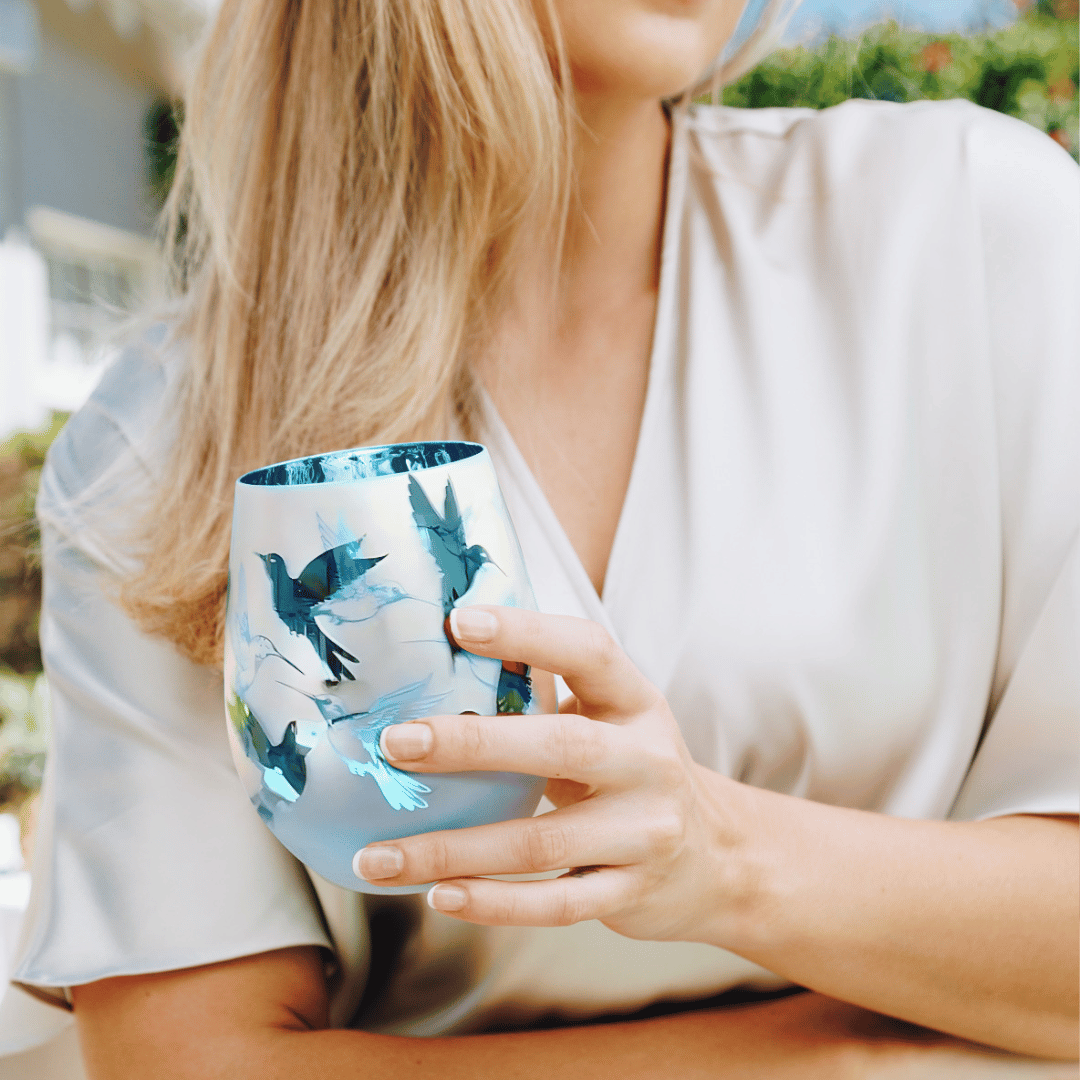Blue Hummingbird Stemless Wine Glasses