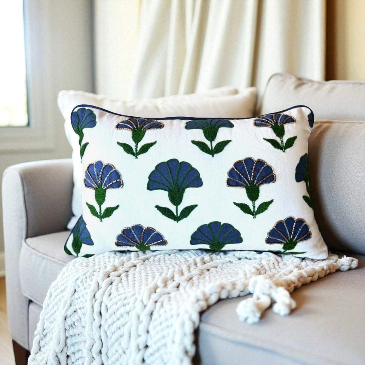 Embroidered Floral Blue Boho Accent Throw Pillow
