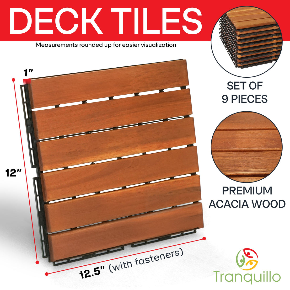 Acacia Deck Tiles 6 Slat Interlocking Decking Tiles, Set of 9