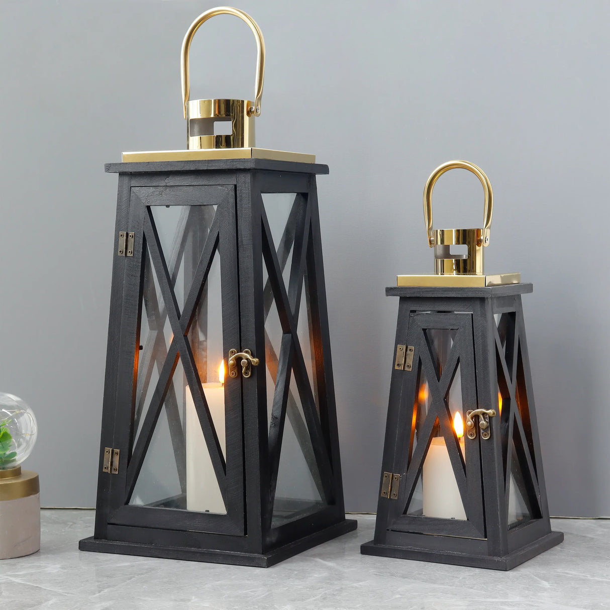 Trapezoid Farmhouse Wooden Lantern, 18"H, Set of 2