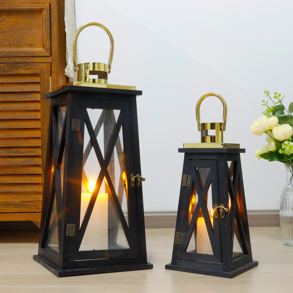 Trapezoid Farmhouse Wooden Lantern, 18"H, Set of 2