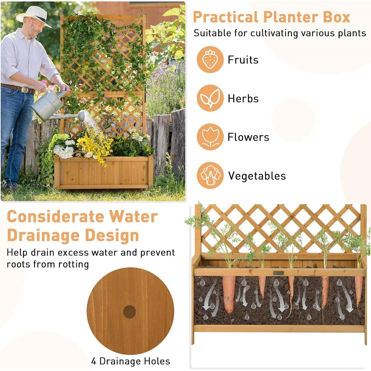 Outdoor Wood Raised Garden Bed With Trellis