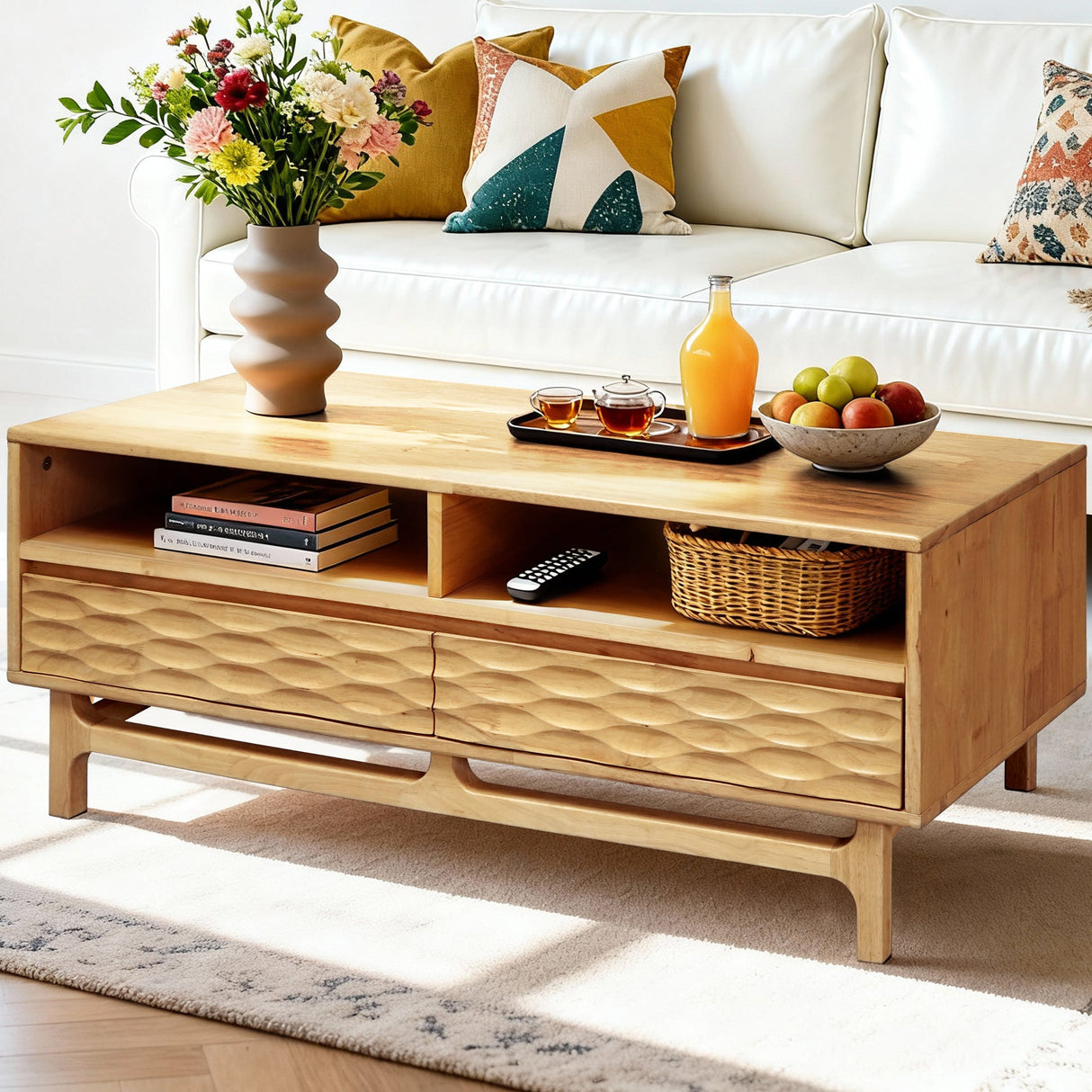 Acacia Elara 47.2” Rectangular Coffee Table with Drawers & Open Storage