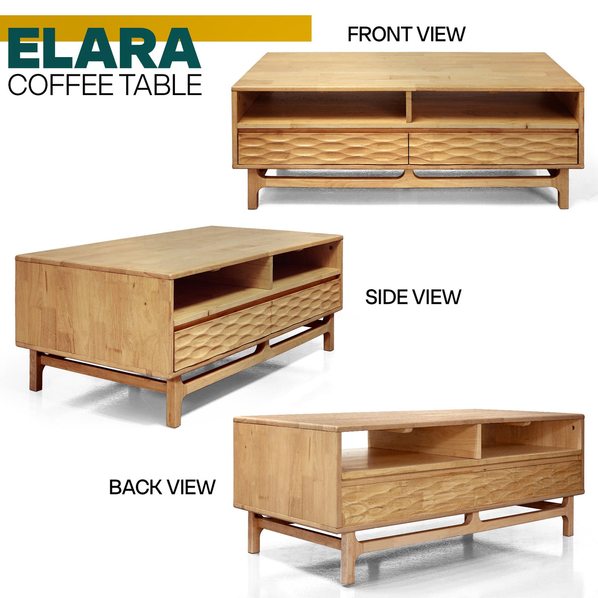 Acacia Elara 47.2” Rectangular Coffee Table with Drawers & Open Storage