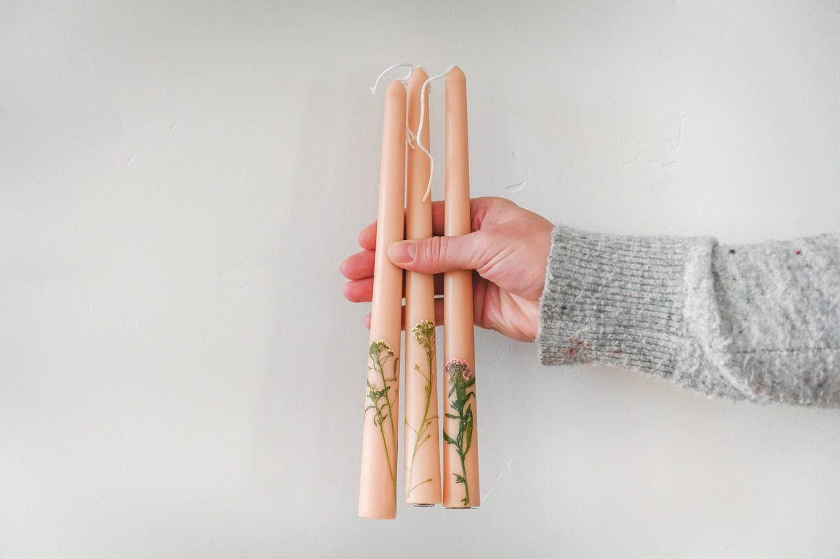 Floral Inlaid Tapered Candle in Cream - Set of 3