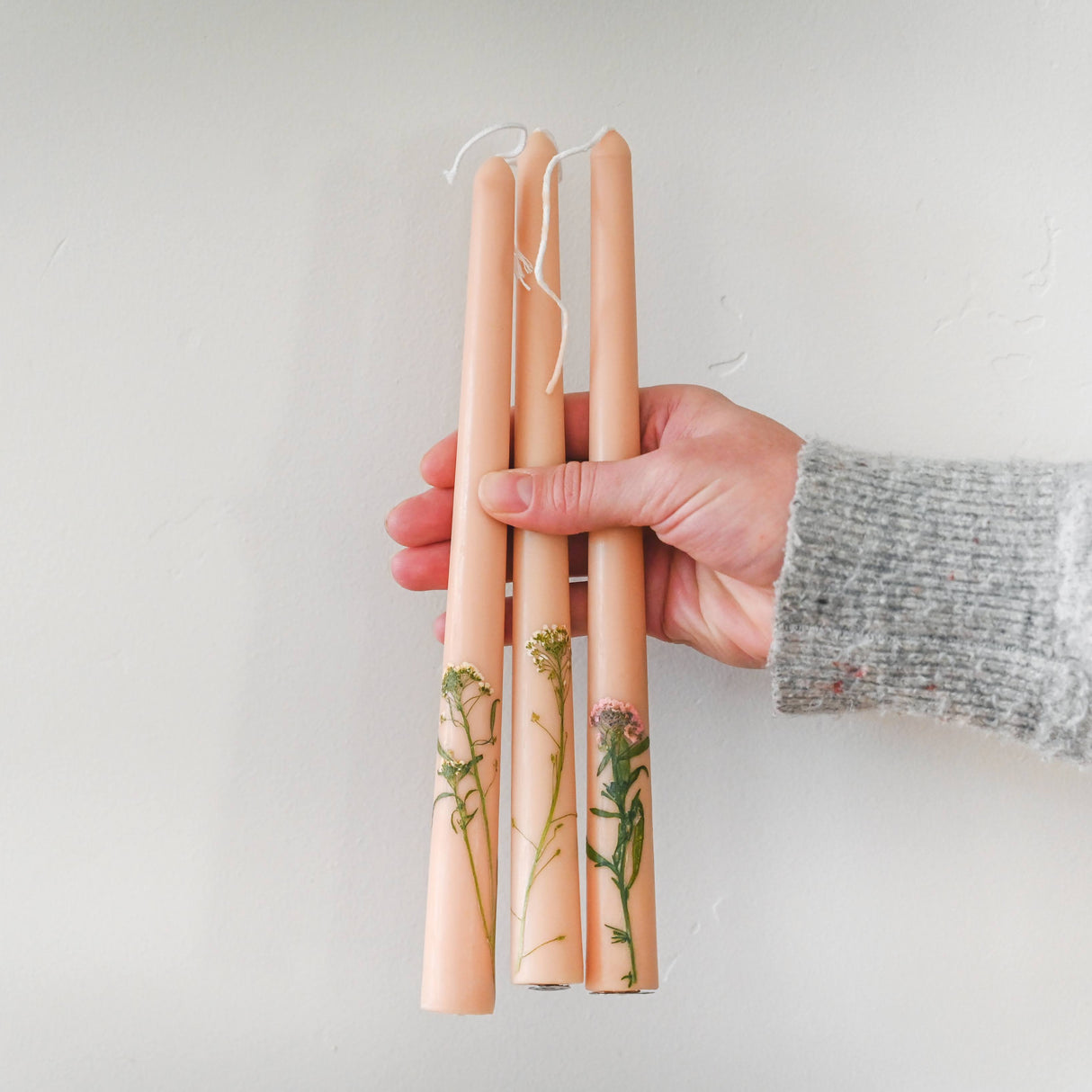 Floral Inlaid Tapered Candle in Cream - Set of 3