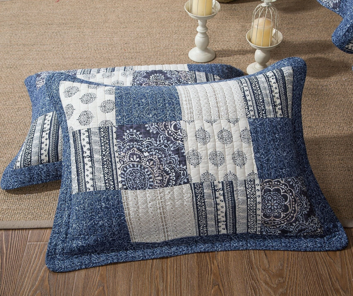Denim Blue Elegance Floral Patchwork Farmhouse Pillow Sham