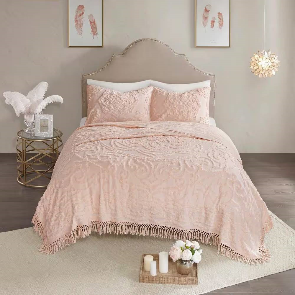 King 100-Percent Cotton Chenille Bedspread with Fringe Hem in Pink Blush