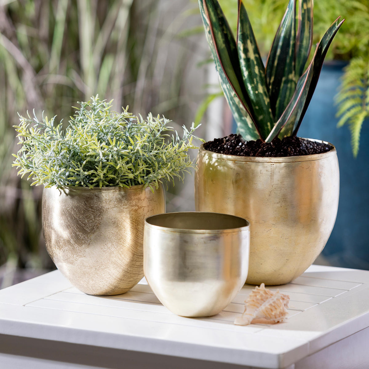 indoor planter pots large Glazed Metal Planter, Silver, Nested Set of 3