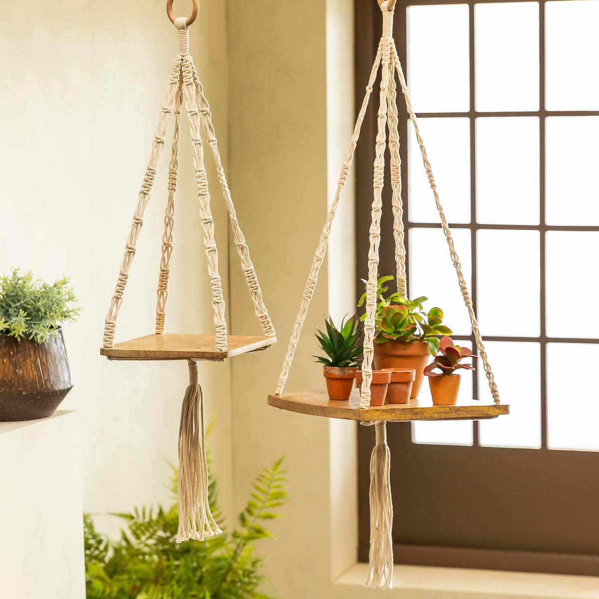 big plant stands indoor VivaStyle Plant Stand, Macrame & Wood, Hanging Plant Stand, 32" H, Set – Plow & Hearth