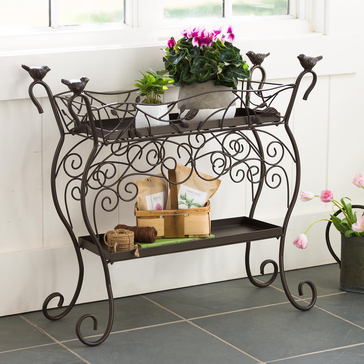 iron indoor plant stands Two-Shelf Cast Iron Plant Stand with Birds