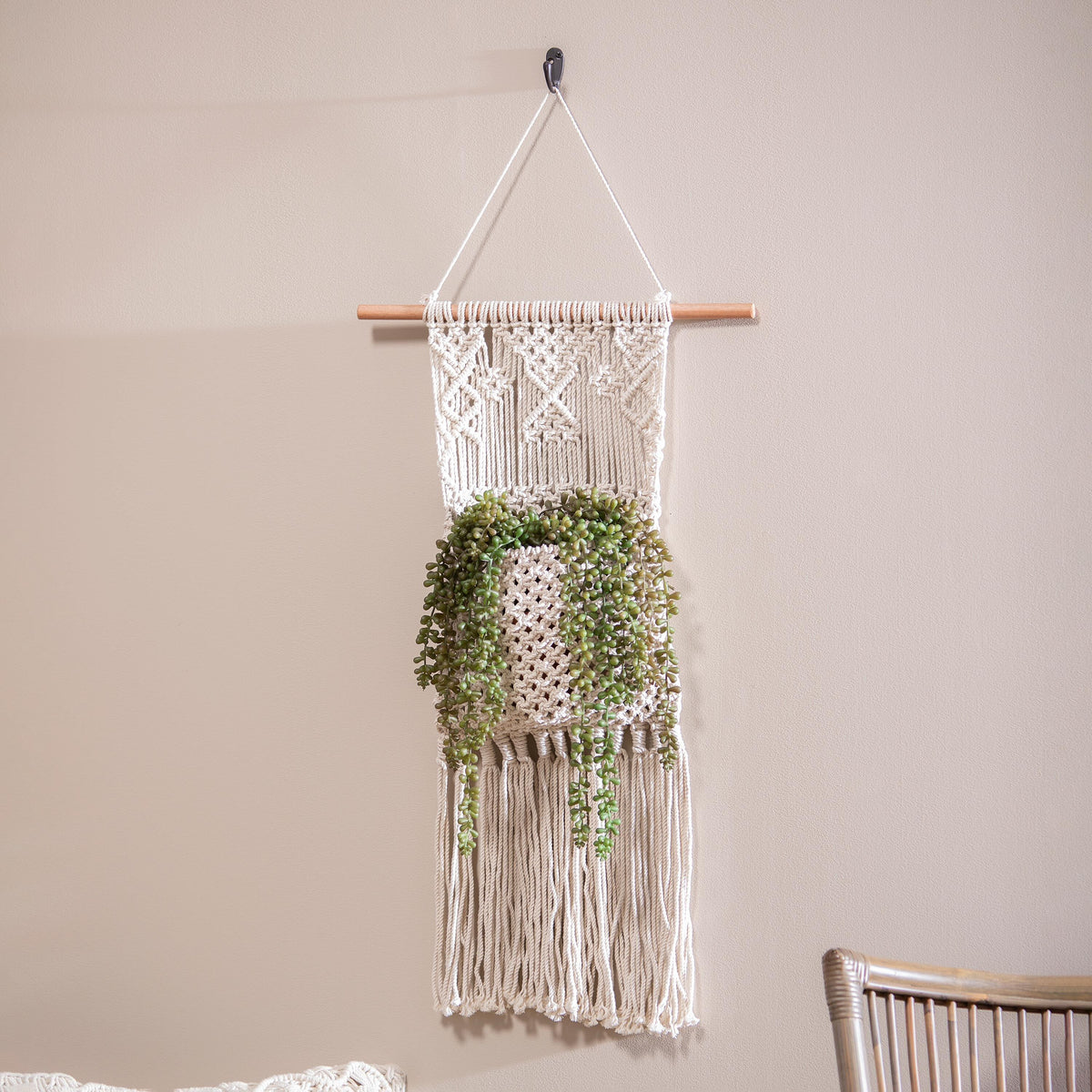 house plants for hanging pots Macrame Wall Pocket Plant Cover, Natural